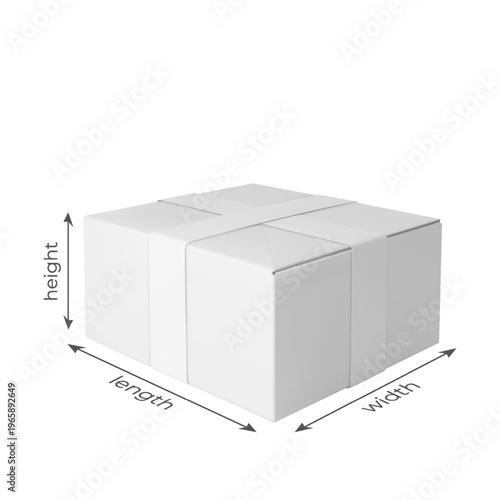 3D cardboard box with height, length, width dimensions vector mockup, realistic white carton parcel, delivery cargo size