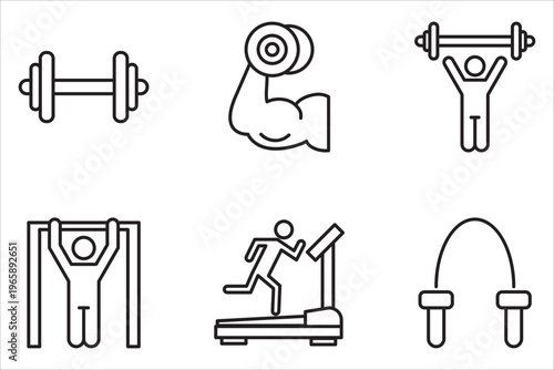 Gym Icon Set. Gym Workout. Modern thin vector illustration of sports, healthy lifestyle, bodyweight training, body care. Transparent, white background.