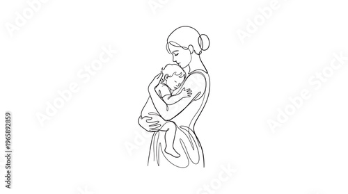 Mother holding her baby tenderly in a minimalist line art illustration symbolizing love and family bonds