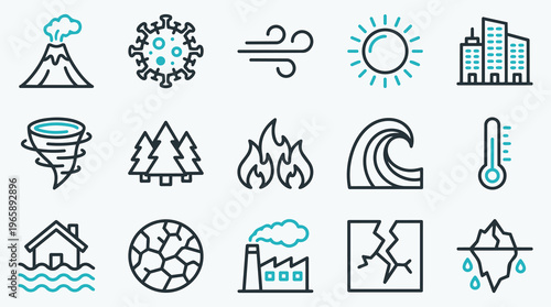 Environmental Issues and Natural Disaster Icon Set with Modern Design