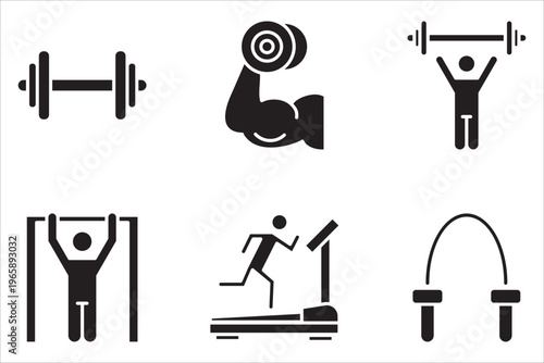 Gym Icon Set. Gym Workout. Modern thin vector illustration of sports, healthy lifestyle, bodyweight training, body care. Transparent, white background.