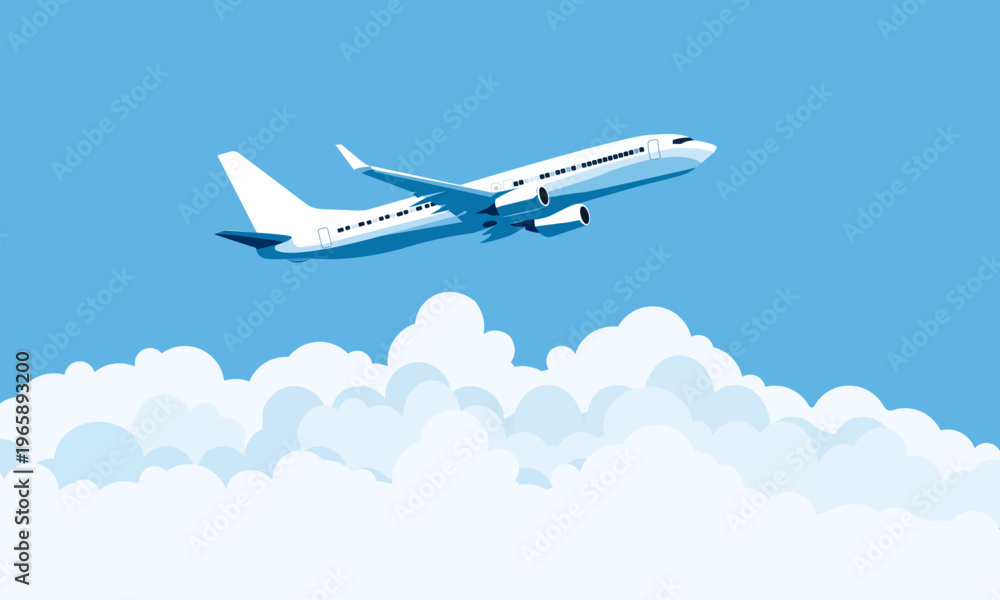 Obraz premium Minimalist airplane flying above fluffy clouds