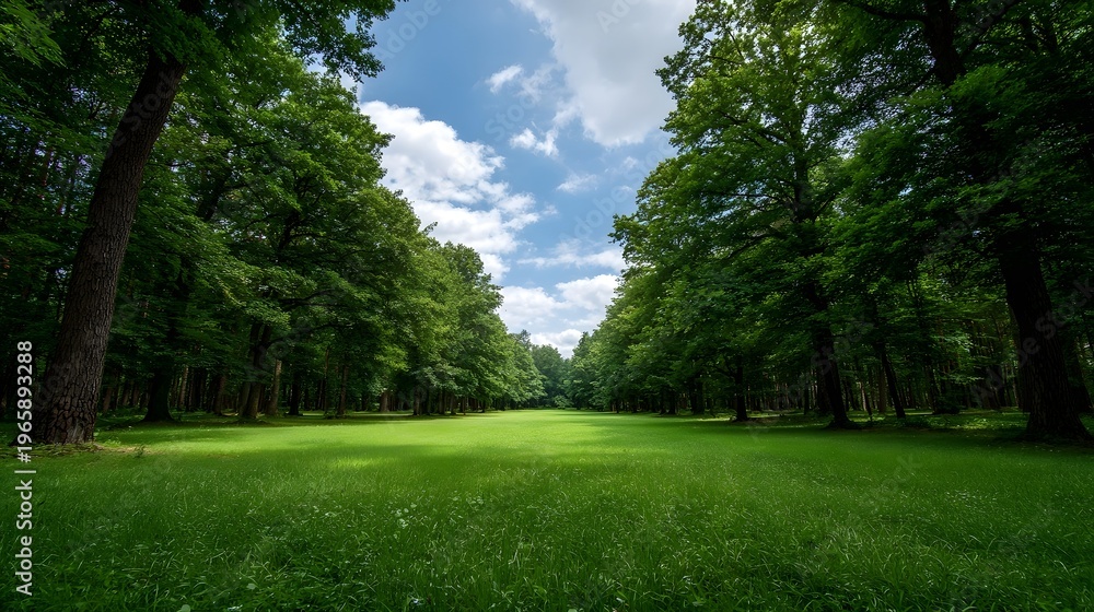 Fototapeta premium A sunlit clearing with lush green grass leading into a dense forest under a blue sky with clouds