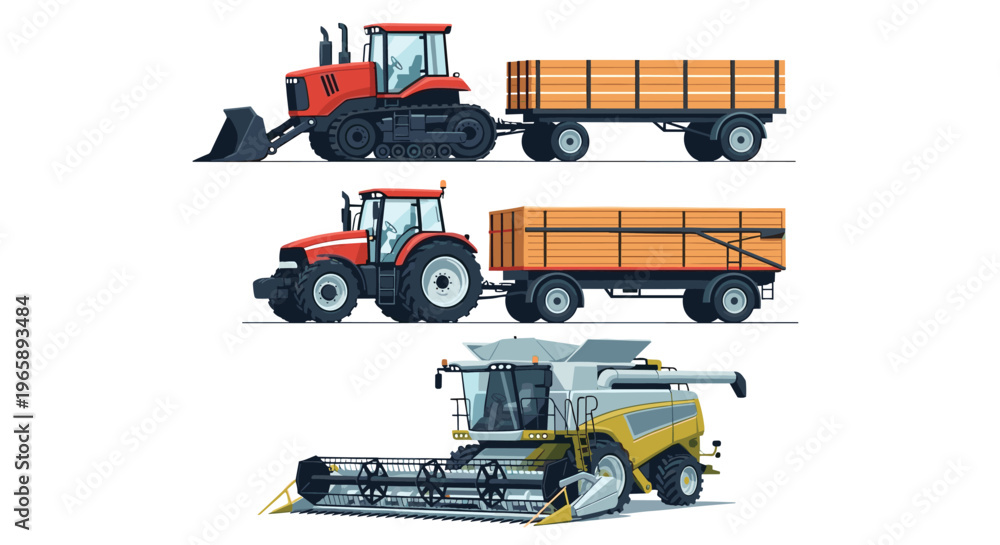 Fototapeta premium Set of agricultural machinery including a tractor with a trailer a bulldozer and a combine harvester on white.