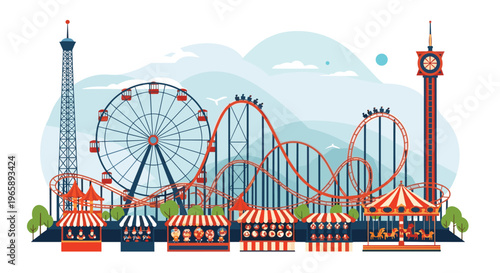 Vibrant amusement park scene with a ferris wheel roller coaster game booths and carousel on a clear day.