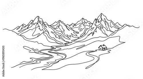 Serene mountain landscape with winding river and remote cabin, presented in a minimalist hand-drawn vector illustration style, perfect for nature-themed designs and peaceful outdoor concepts