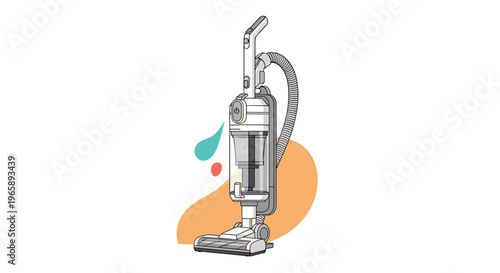 Modern upright vacuum cleaner in white and grey for household cleaning and domestic housework themes.