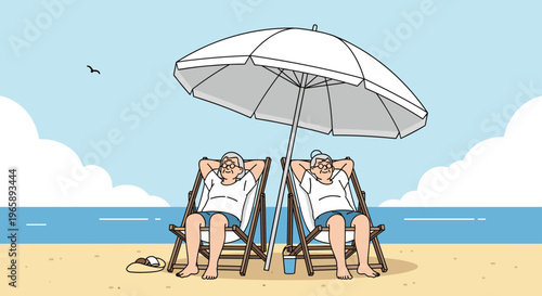 Elderly couple relaxing in beach chairs under a large white sun umbrella by the ocean during summer vacation.