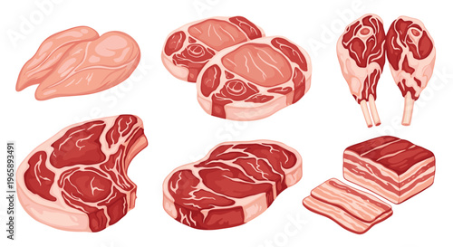 Collection of various raw meat cuts including chicken breast, beef steaks, lamb chops, and sliced pork belly bacon on white background.