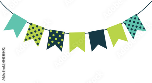String of festive party bunting with colorful triangular flags in shades of green and blue featuring solid and polka dot patterns.
