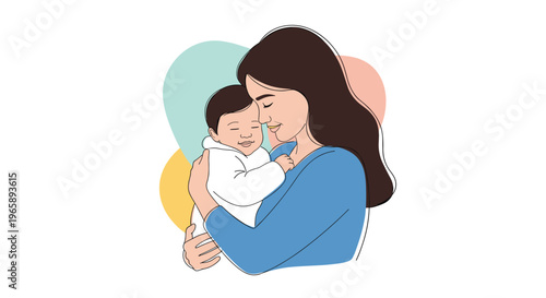Heartwarming illustration of a loving mother gently hugging her sleeping baby against a soft colorful abstract background.