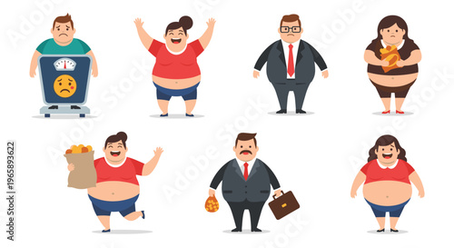 Collection of diverse overweight male and female characters in various poses and outfits promoting body positivity and health awareness.