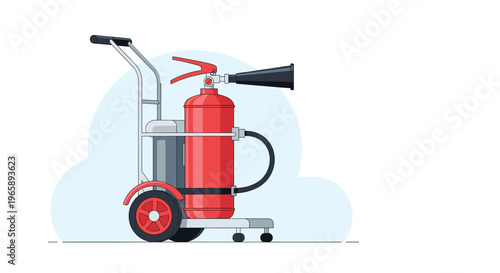 Red industrial fire extinguisher mounted on a white wheeled cart with a hose and nozzle for mobile emergency fire safety.