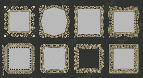Collection of eight unique ornate vintage frames with intricate golden patterns on a dark gray background for elegant designs.