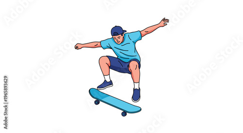Young man in a blue shirt and baseball cap performing a jump trick on a skateboard in mid-air against a white background.