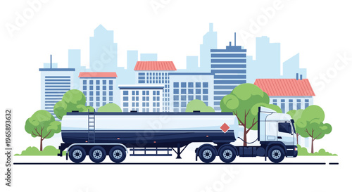 Large white and blue fuel tanker truck driving on a road with a modern city skyline and green trees in the background.