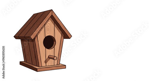 Simple brown wooden birdhouse with a sloped roof and a circular entry hole isolated on a white background for gardening.