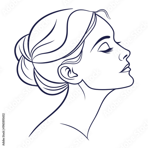Artistic hand drawn sketch of a beautiful woman in profile with flowing hair tied in a loose bun featuring delicate facial features and eyelashes