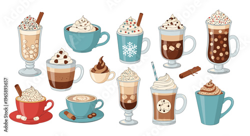 Large assortment of various hot coffee and chocolate beverages topped with whipped cream, sprinkles, and marshmallows.