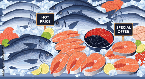 Marketplace display of fresh fish, salmon steaks, and caviar on a bed of crushed ice with promotional price signs.