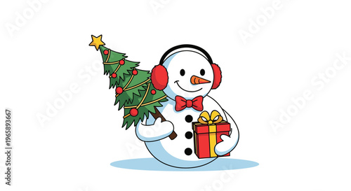 Cheerful snowman wearing red earmuffs and a bowtie holding a decorated Christmas tree and a wrapped red gift box.