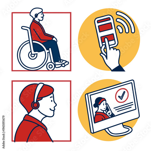 Accessibility vector set for people with disabilities or impaired hearing, modern line art with touch-free payment and online communication