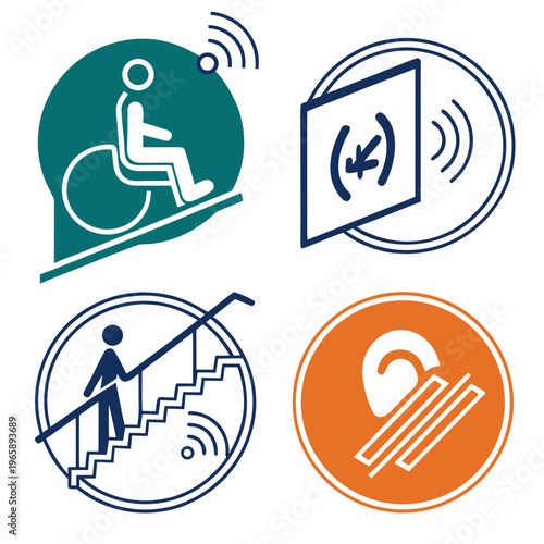 Set of four accessibility and technology icons including wheelchair ramp signal contactless payment stairs assistance and hearing aid loop symbols