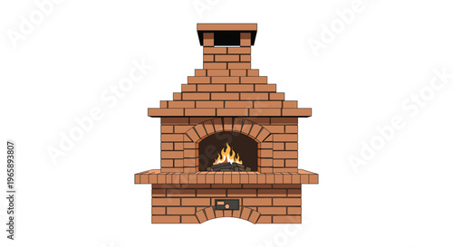Traditional brick oven for pizza or bread features a warm glowing fire and a chimney stack against a clean white background.