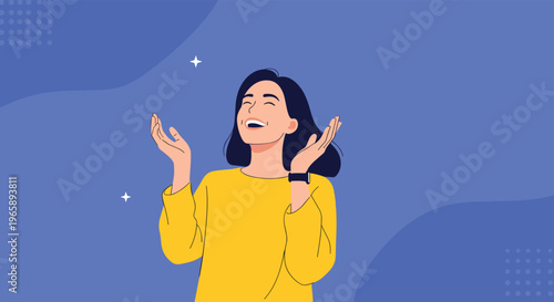 Happy woman with short dark hair wears a yellow shirt and laughs joyfully while looking up against a blue abstract background.