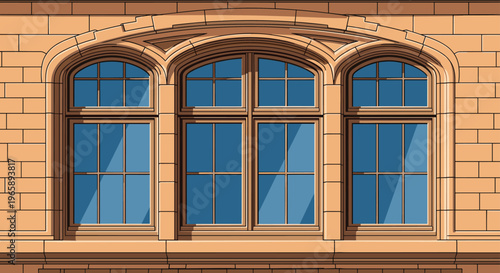Classic architectural facade featuring three elegant arched windows with blue glass set in a sturdy tan stone or brick wall.