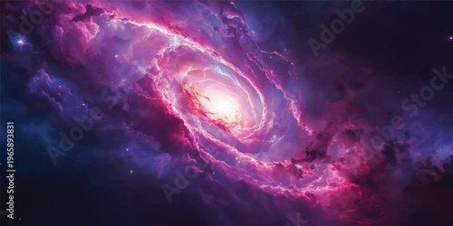 An abstract galaxy background features a cosmic nebula cloud of purple and blue smoke textures illuminated by bright stars and glowing light across the dark astronomy universe