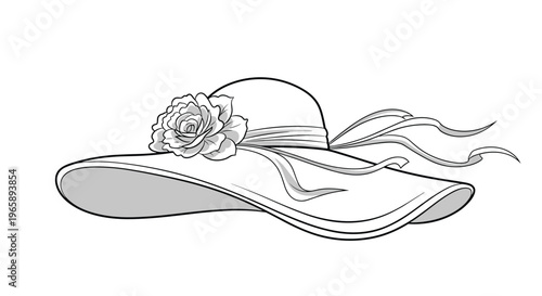 Stylish wide-brimmed women's sun hat in white with a decorative flower and ribbon is shown in a clean line-art style.