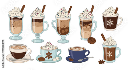 Large set of various coffee and hot chocolate drinks in cups and tall glasses topped with whipped cream and spices.