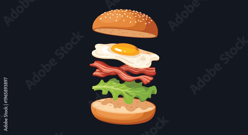 Tasty breakfast burger with floating ingredients including a seeded bun, fried egg, bacon, and lettuce on a dark background.