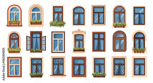 Extensive collection of twenty-one different window styles including arched, rectangular, and windows with flower boxes.