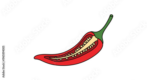 Cross-section of a ripe red chili pepper revealing the internal structure and seeds on a clean white background.