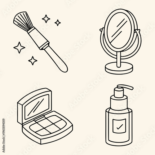 Beauty fashion doodle cosmetic products isometric vector set with makeup brush mirror eyeshadow palette and skincare lotion bottle illustration