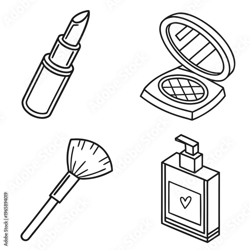 Beauty fashion makeup cosmetic products doodle isometric vector set with lipstick pressed powder fan brush and heart patterned lotion bottle illustration
