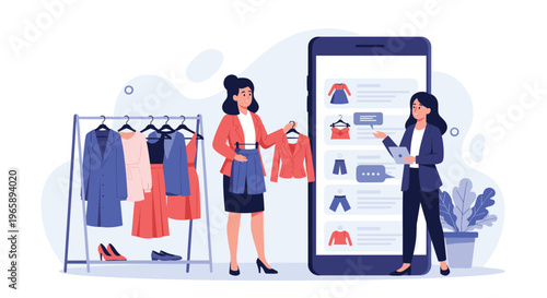 Two women use a smartphone app to browse and select clothes from a virtual catalog and a physical clothing rack.