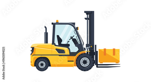 Modern yellow forklift truck carrying a pallet with a large orange box is ready for work in a warehouse setting.