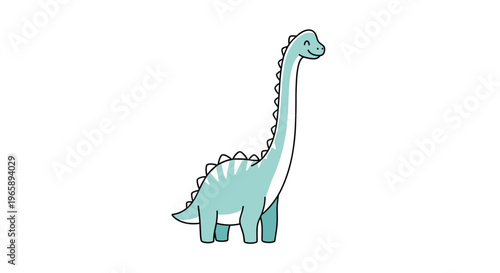 Adorable blue brachiosaurus dinosaur character with a happy smile and small spikes along its back isolated on a clean white background for children.