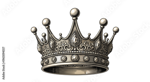 Ornate and detailed royal golden crown adorned with precious gems and intricate carvings on a white background.