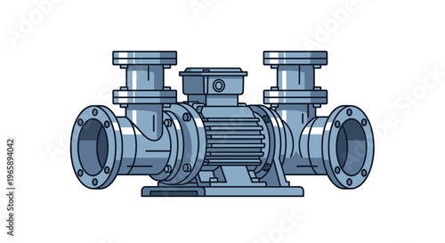 Heavy-duty industrial water pump with multiple flanges and a large motor is rendered in a clean blue technical style.