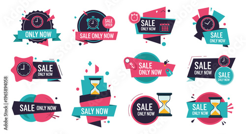 Collection of creative sale banner labels and badges featuring clocks and hourglasses to represent limited time offers and special promotional deals.