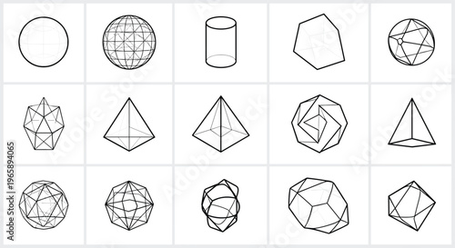 Detailed collection of various geometric 3d shapes and polyhedrons including spheres, pyramids, and cylinders presented in a clean grid for education.