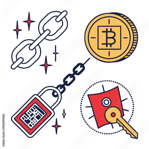 Cryptocurrency security concept with bitcoin symbol chain link padlock and key for unlocking digital financial transactions