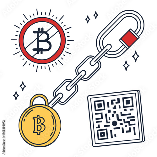 No bitcoin symbol with prohibition sign attached to blockchain chain link locked by QR code payment secured by padlock
