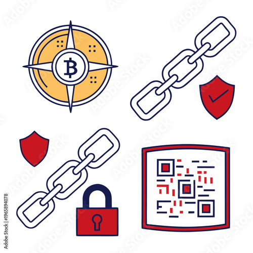 Blockchain technology secure digital currency and cryptocurrency transactions with linked chains and QR codes and locks