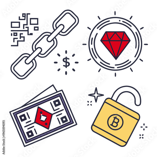 Financial technology concept with blockchain chain link diamond symbol dollar sign and unlocked padlock icon