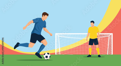 Male soccer players in blue and yellow jerseys playing a match on a green field with a goal net and stadium background for competitive sports theme.